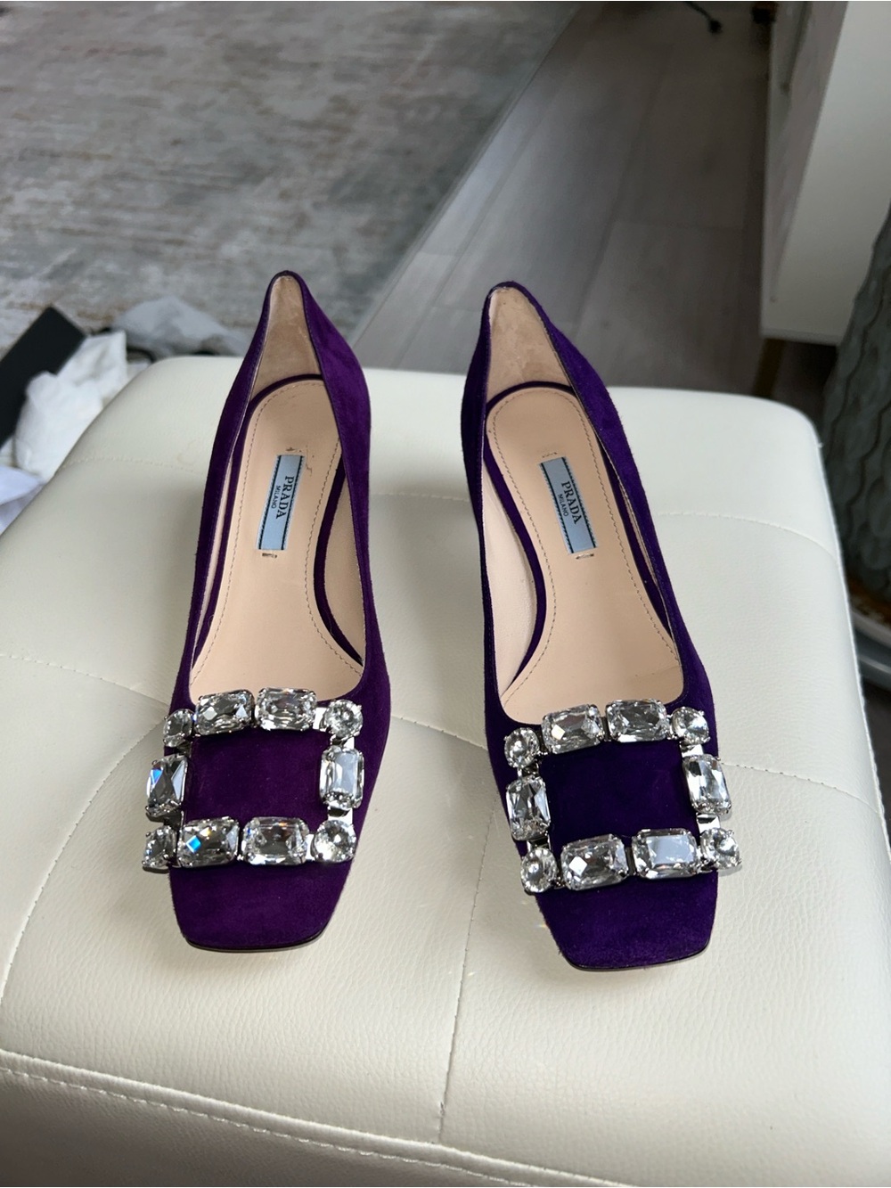 Prada Purple Suede Crystal-Buckle Pumps